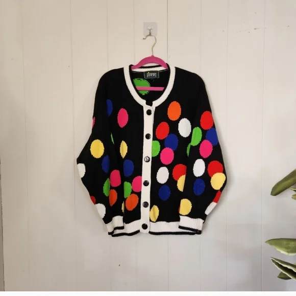 Vintage 💯 cotton Polka Dot Sweater Cardigan  80s 90s 1990s Cabincore Preppy - Picture 8 of 9